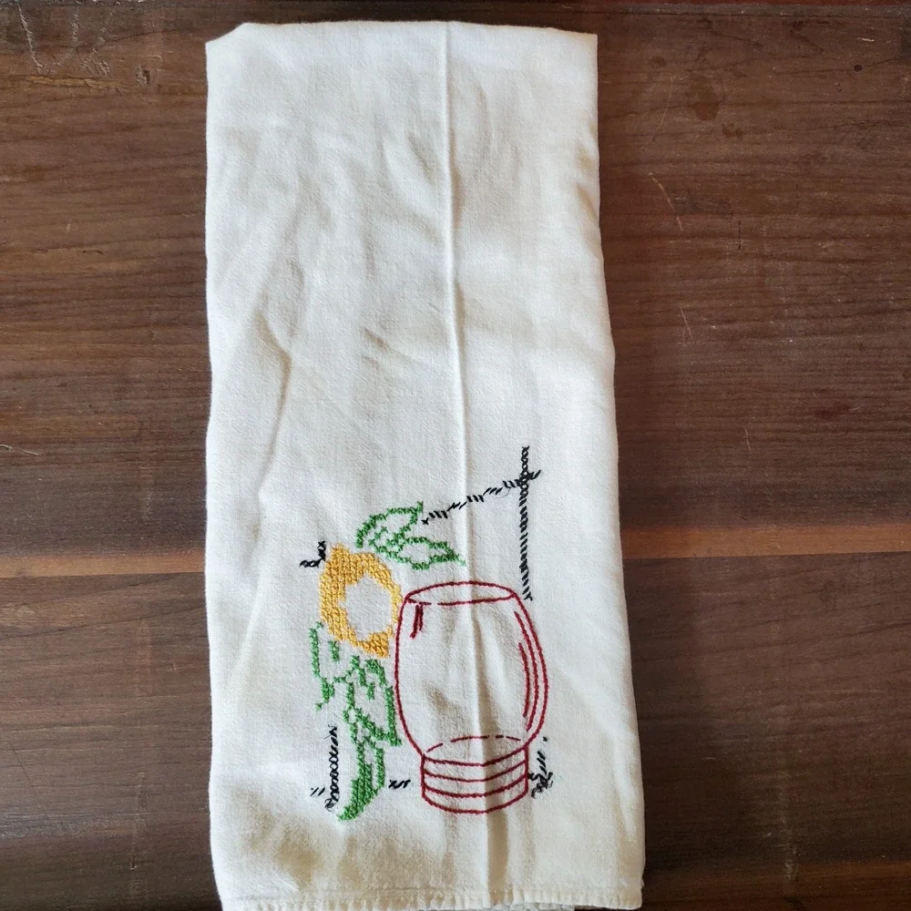 Vintage Farmhouse Hand Drying Towel Embroidery Cross Stitch 30x32 Inch